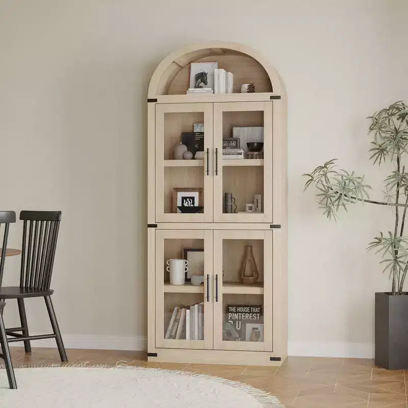Armadio portaoggetti ad arco da 71", nero/marrone/bianco, anta in vetro o legno, libreria autoportante a 5 ripiani per 1