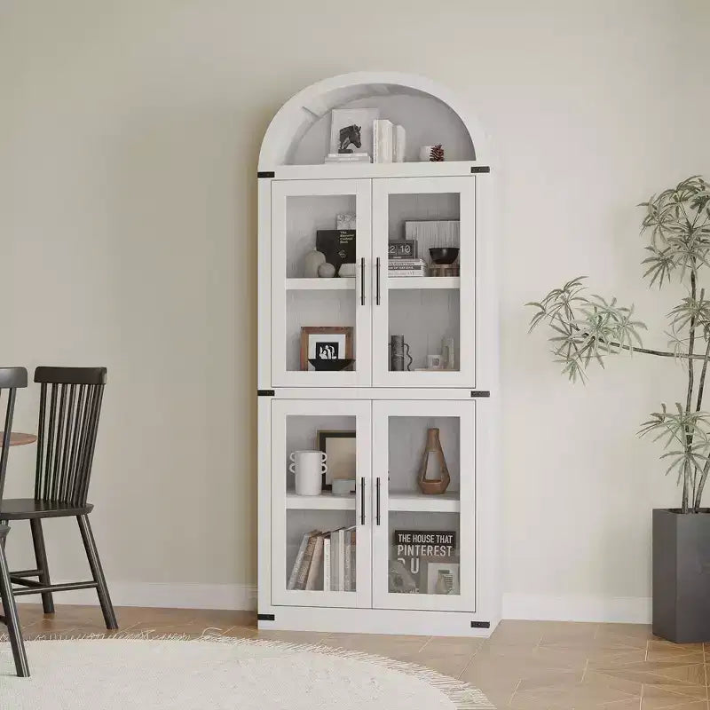 Armadio portaoggetti ad arco da 71", nero/marrone/bianco, anta in vetro o legno, libreria autoportante a 5 ripiani per 1