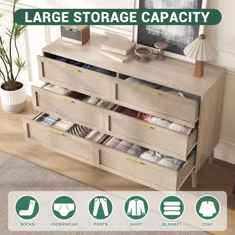Comò singolo in rattan naturale marrone con 6/8 cassetti