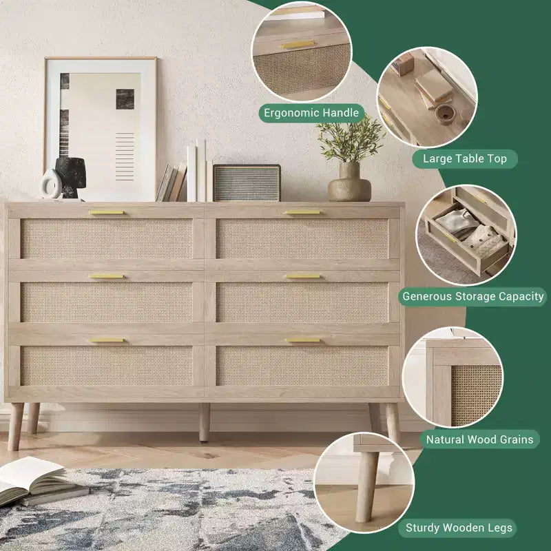 Comò singolo in rattan naturale marrone con 6/8 cassetti