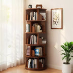 5 Tier 360 Rotating Bookshelf,Walnut Round Spinning Tower, Thickened Anti-Wobble Base, Open Easy-Access Shelving, Space-Saving for Small Corners