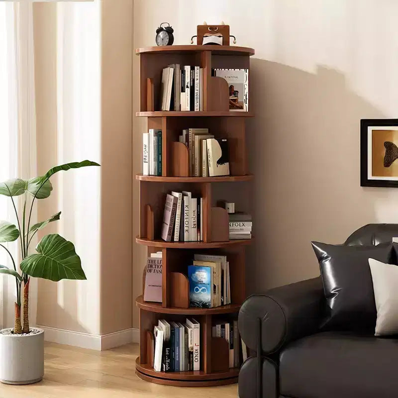 Libreria girevole a 360° a 5 ripiani in noce, torre rotante, per singolo utente