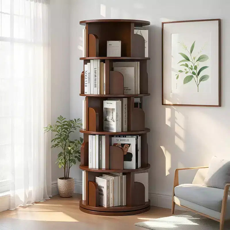 Libreria girevole a 360° a 5 ripiani in noce, torre rotante, per singolo utente