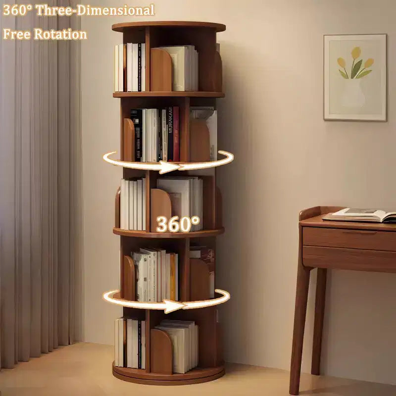 Libreria girevole a 360° a 5 ripiani in noce, torre rotante, per singolo utente
