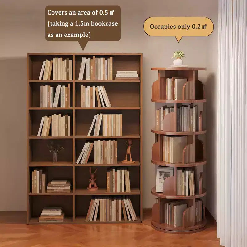 Libreria girevole a 360° a 5 ripiani in noce, torre rotante, per singolo utente
