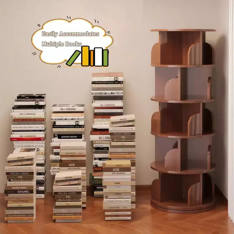 Libreria girevole a 360° a 5 ripiani in noce, torre rotante, per singolo utente