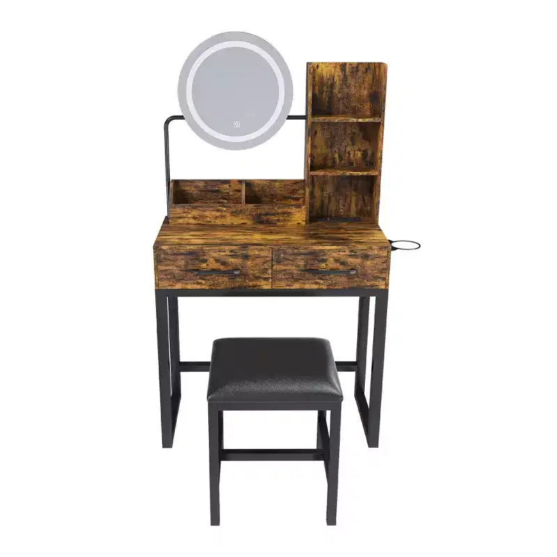 Scrivania da trucco marrone con specchio LED e sedia, utente singolo, stile moderno