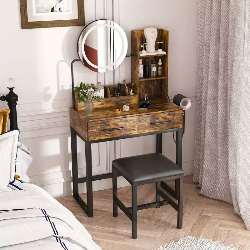 Scrivania da trucco marrone con specchio LED e sedia, utente singolo, stile moderno