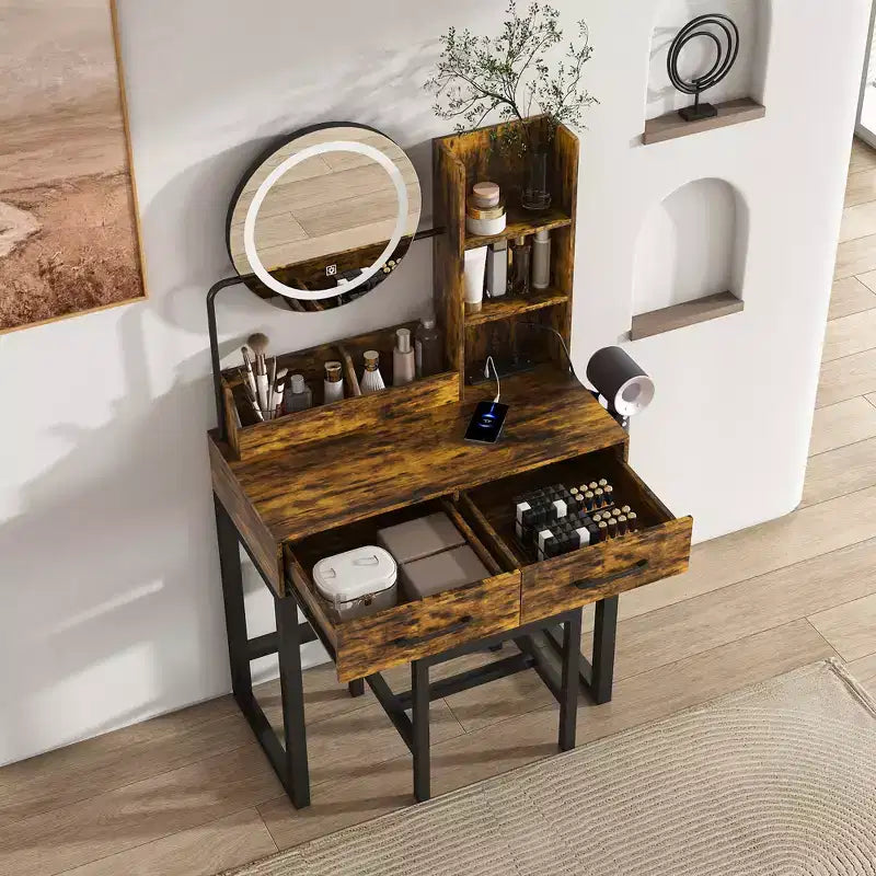 Scrivania da trucco marrone con specchio LED e sedia, utente singolo, stile moderno