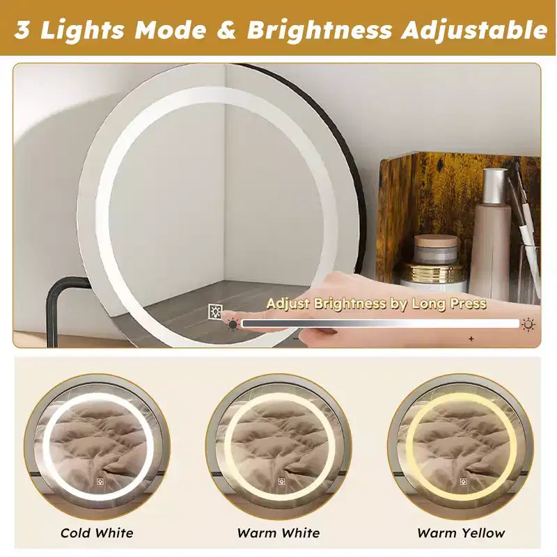 Scrivania da trucco marrone con specchio LED e sedia, utente singolo, stile moderno