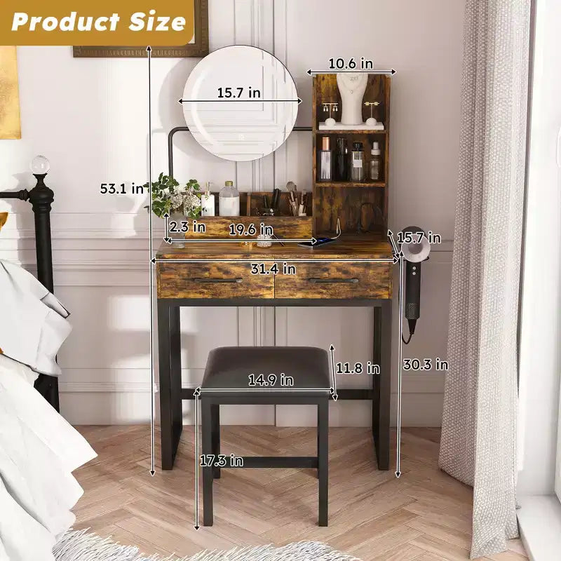 Scrivania da trucco marrone con specchio LED e sedia, utente singolo, stile moderno