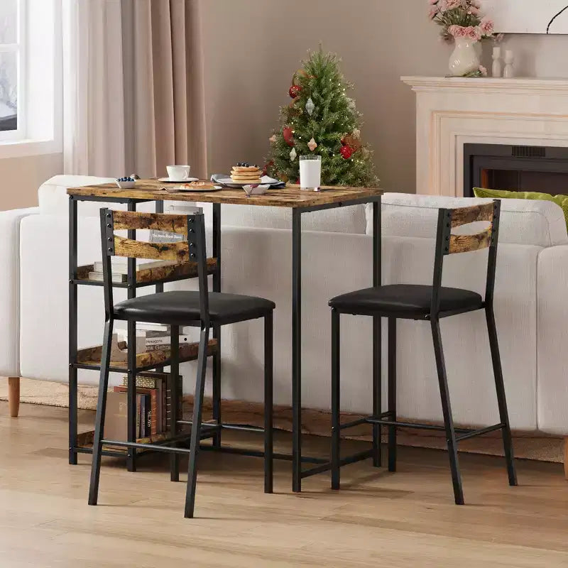 Set da pranzo a tre pezzi altezza bancone per 2 con ripiani, sedie imbottite – Nero/Marrone/Grigio