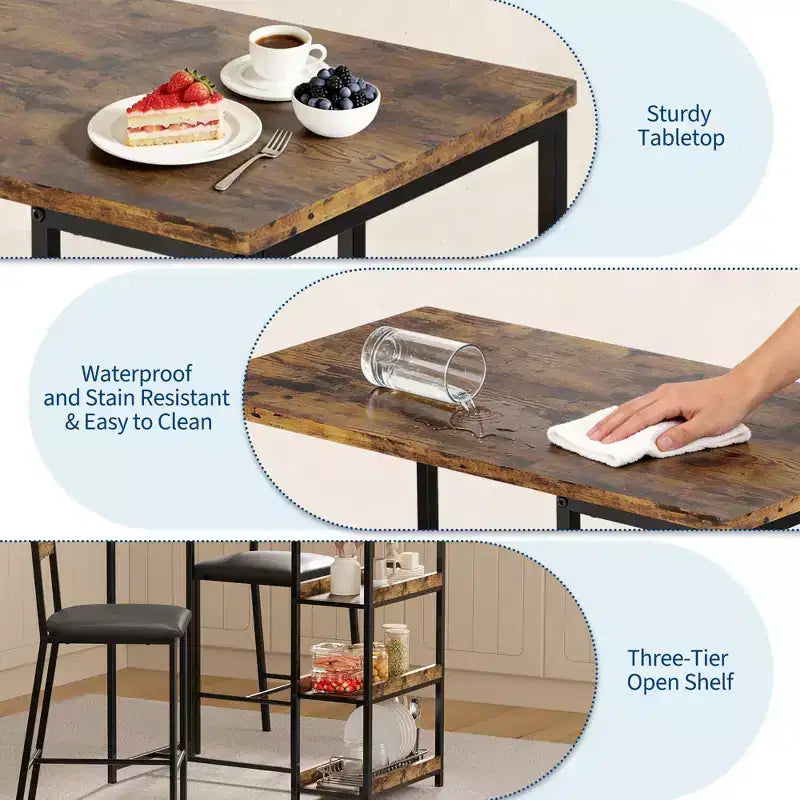Set da pranzo a tre pezzi altezza bancone per 2 con ripiani, sedie imbottite – Nero/Marrone/Grigio
