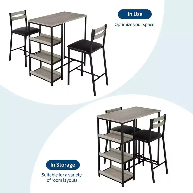 Set da pranzo a tre pezzi altezza bancone per 2 con ripiani, sedie imbottite – Nero/Marrone/Grigio