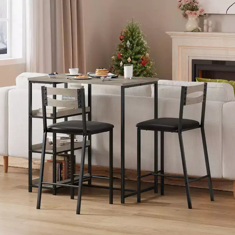 Set da pranzo a tre pezzi altezza bancone per 2 con ripiani, sedie imbottite – Nero/Marrone/Grigio
