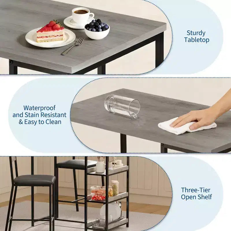 Set da pranzo a tre pezzi altezza bancone per 2 con ripiani, sedie imbottite – Nero/Marrone/Grigio