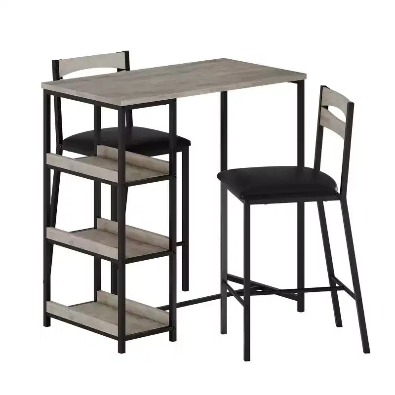 Set da pranzo a tre pezzi altezza bancone per 2 con ripiani, sedie imbottite – Nero/Marrone/Grigio