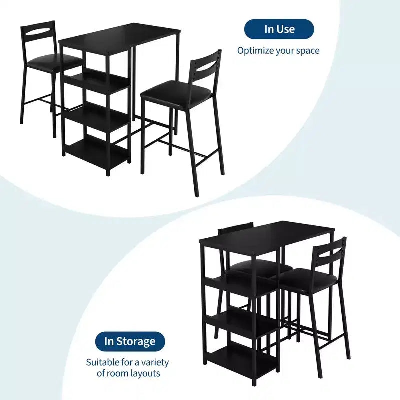 Set da pranzo a tre pezzi altezza bancone per 2 con ripiani, sedie imbottite – Nero/Marrone/Grigio