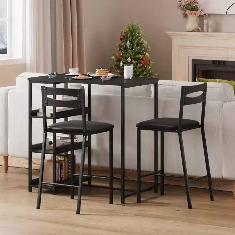 Set da pranzo a tre pezzi altezza bancone per 2 con ripiani, sedie imbottite – Nero/Marrone/Grigio