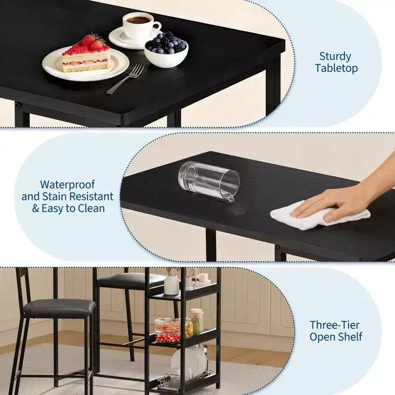 Set da pranzo a tre pezzi altezza bancone per 2 con ripiani, sedie imbottite – Nero/Marrone/Grigio