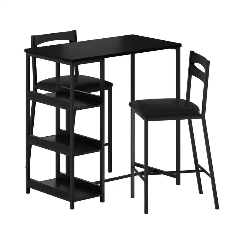 Set da pranzo a tre pezzi altezza bancone per 2 con ripiani, sedie imbottite – Nero/Marrone/Grigio