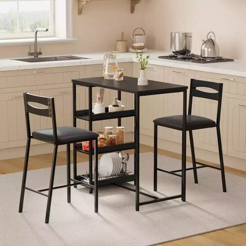 Set da pranzo a tre pezzi altezza bancone per 2 con ripiani, sedie imbottite – Nero/Marrone/Grigio