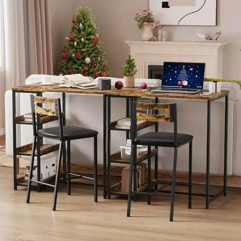 Set da pranzo a tre pezzi altezza bancone per 2 con ripiani, sedie imbottite – Nero/Marrone/Grigio