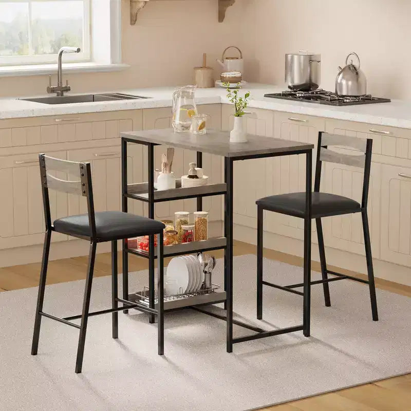 Set da pranzo a tre pezzi altezza bancone per 2 con ripiani, sedie imbottite – Nero/Marrone/Grigio