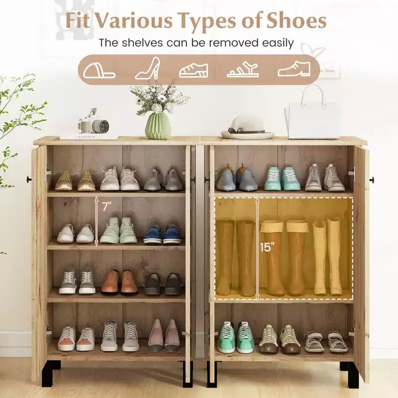 Scarpiera a 4 ripiani a 2 ante, naturale e nera, con ripiani rimovibili