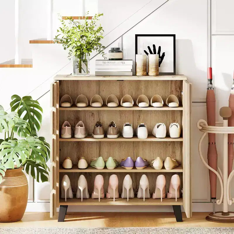Marrone Naturale, Scarpiera a 2 Ante con Persiane, Contiene 16 Paia