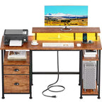 Brown 51 Inches Reversible Home Office Computer Desk with File Cabinet Monitor Stand Storage Shelves Power Outlets LED Gaming Study Workstation Table