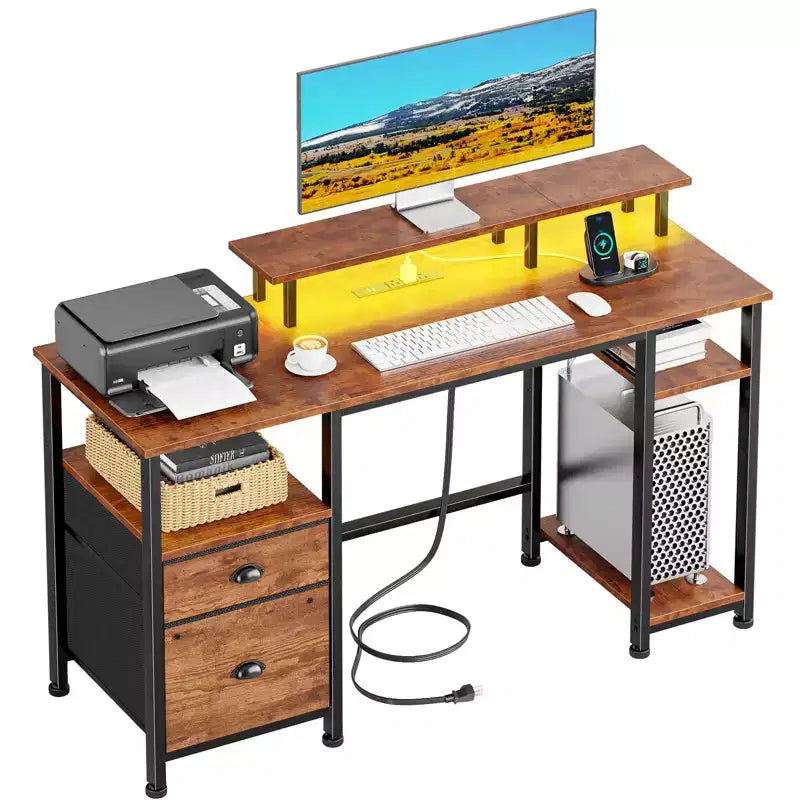 Scrivania angolare a L marrone per gaming e ufficio, 130 cm, 1 persona, con luci LED, schedario e prese di corrente