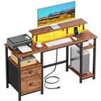 Scrivania angolare a L marrone per gaming e ufficio, 130 cm, 1 persona, con luci LED, schedario e prese di corrente