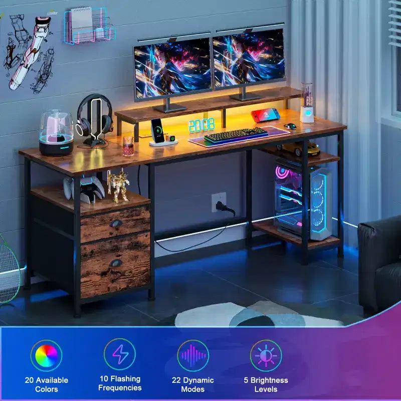 Scrivania angolare a L marrone per gaming e ufficio, 130 cm, 1 persona, con luci LED, schedario e prese di corrente