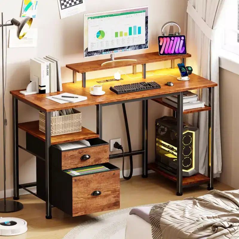 Scrivania angolare a L marrone per gaming e ufficio, 130 cm, 1 persona, con luci LED, schedario e prese di corrente