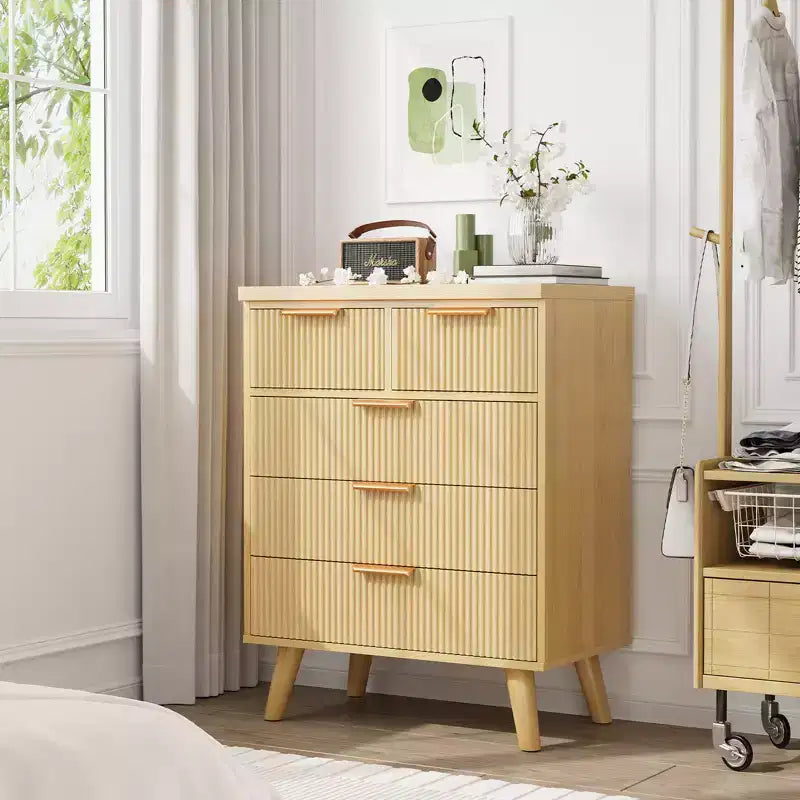 Cassettiera a 5 cassetti con frontale ondulato naturale, stile boho moderno, per utente singolo