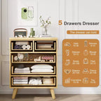 Cassettiera a 5 cassetti con frontale ondulato naturale, stile boho moderno, per utente singolo