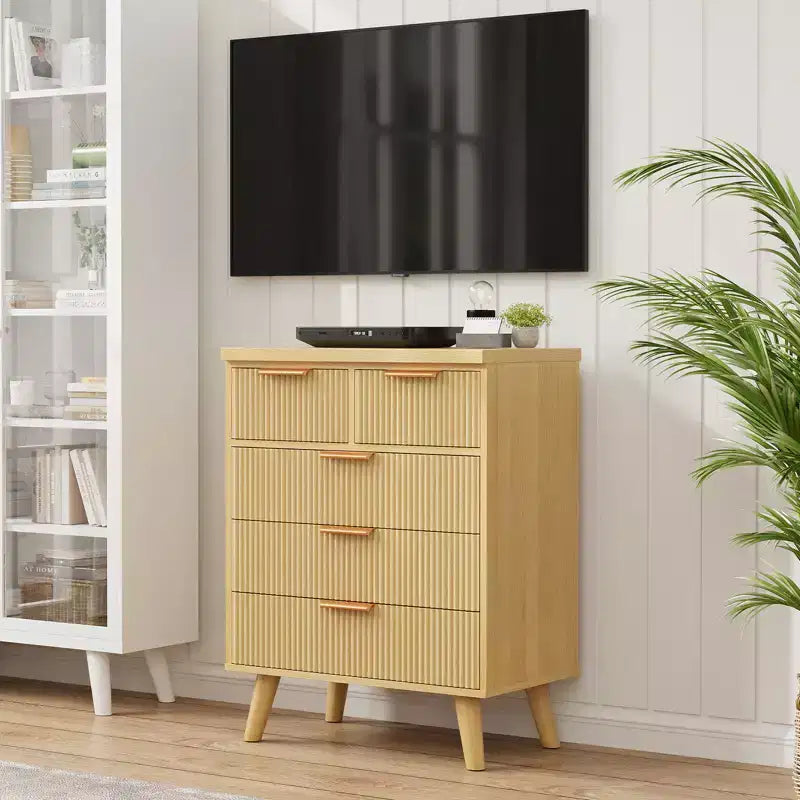 Cassettiera a 5 cassetti con frontale ondulato naturale, stile boho moderno, per utente singolo