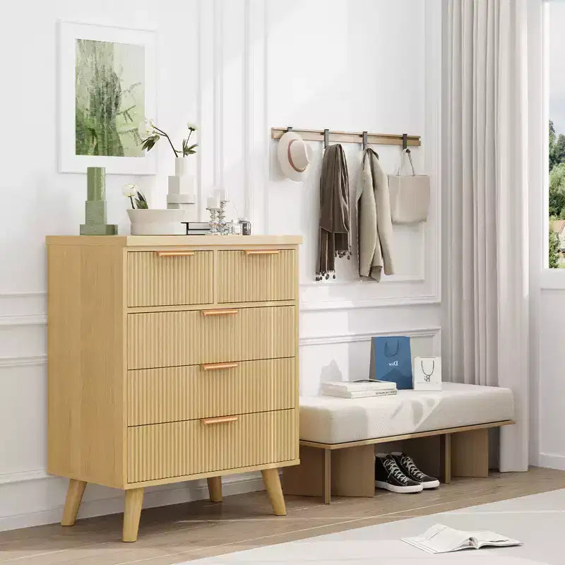 Cassettiera a 5 cassetti con frontale ondulato naturale, stile boho moderno, per utente singolo