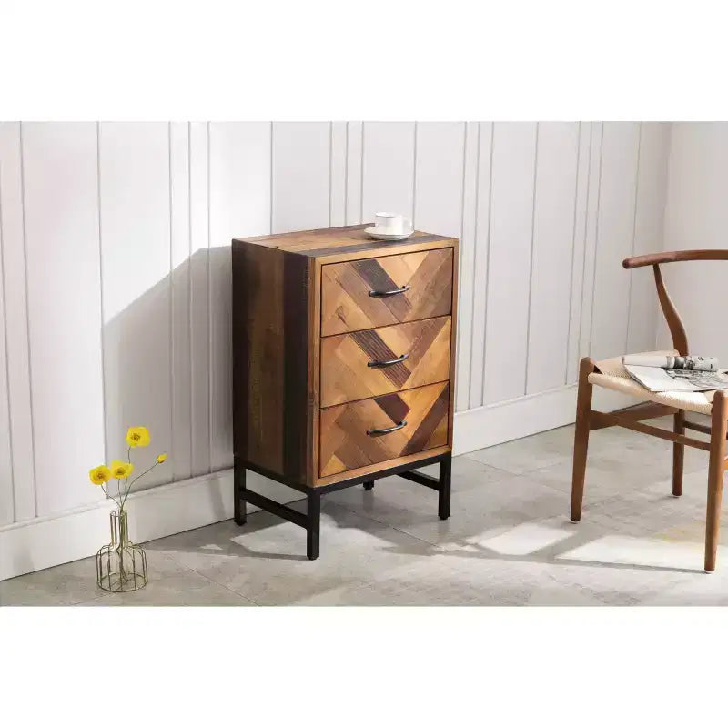 Comodino con 3 cassetti in rovere naturale, motivo Chevron, singolo