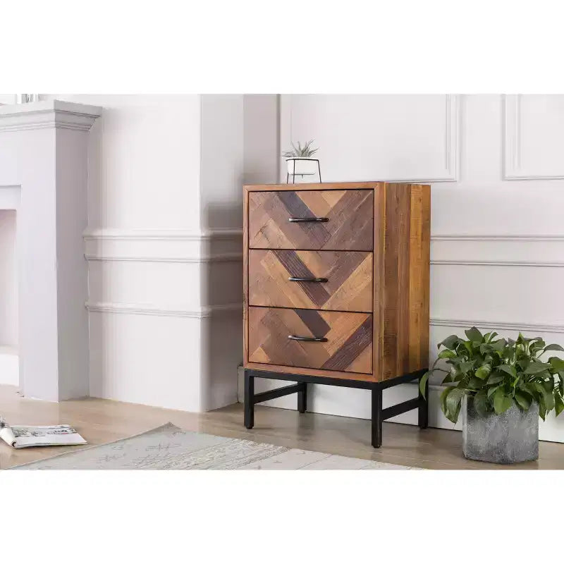 Comodino con 3 cassetti in rovere naturale, motivo Chevron, singolo