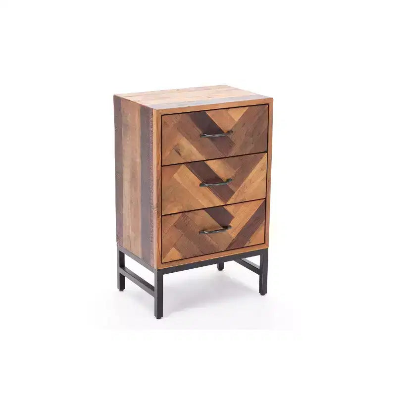 Comodino con 3 cassetti in rovere naturale, motivo Chevron, singolo