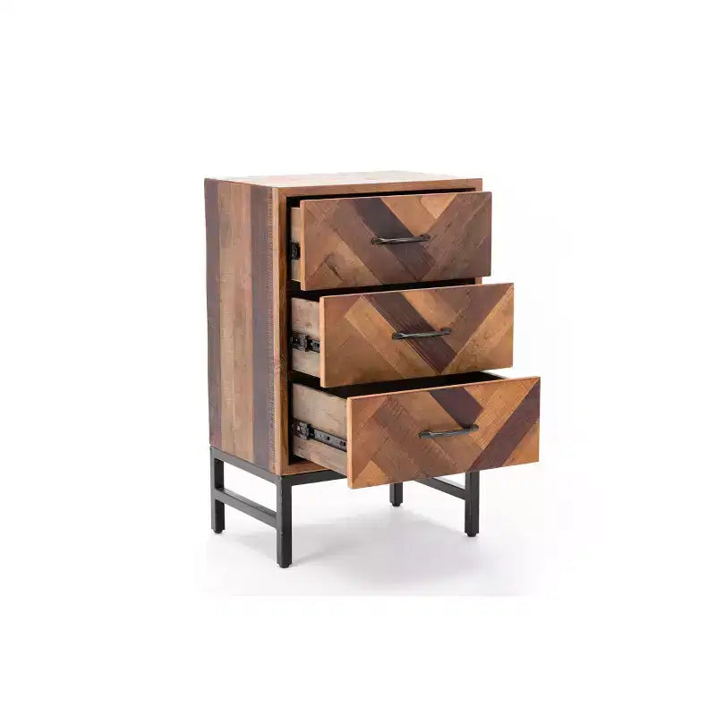 Comodino con 3 cassetti in rovere naturale, motivo Chevron, singolo
