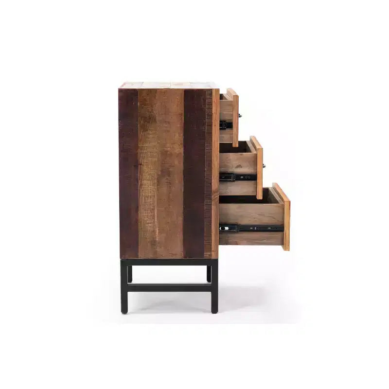 Comodino con 3 cassetti in rovere naturale, motivo Chevron, singolo