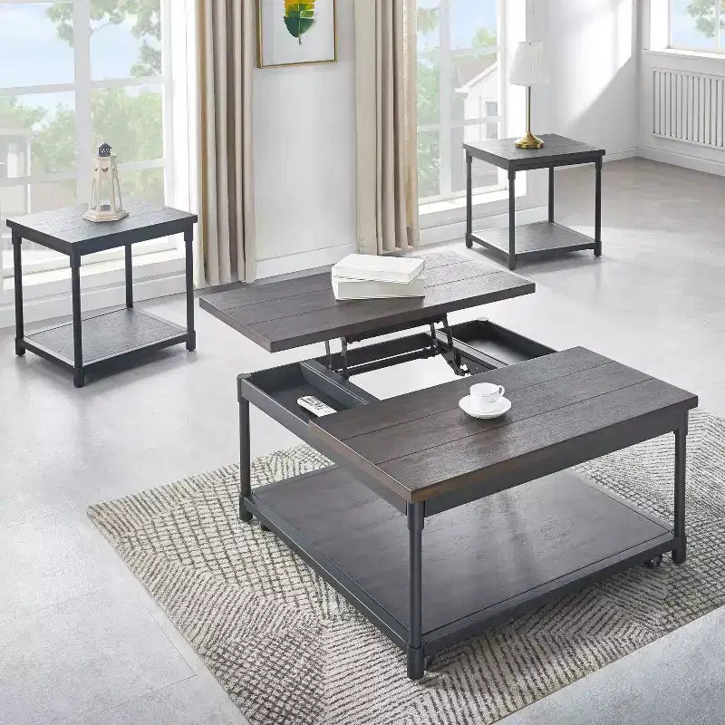 Tavolino da caffè marrone e nero quadrato con piano sollevabile, contenitore e rotelle, 91x91 cm