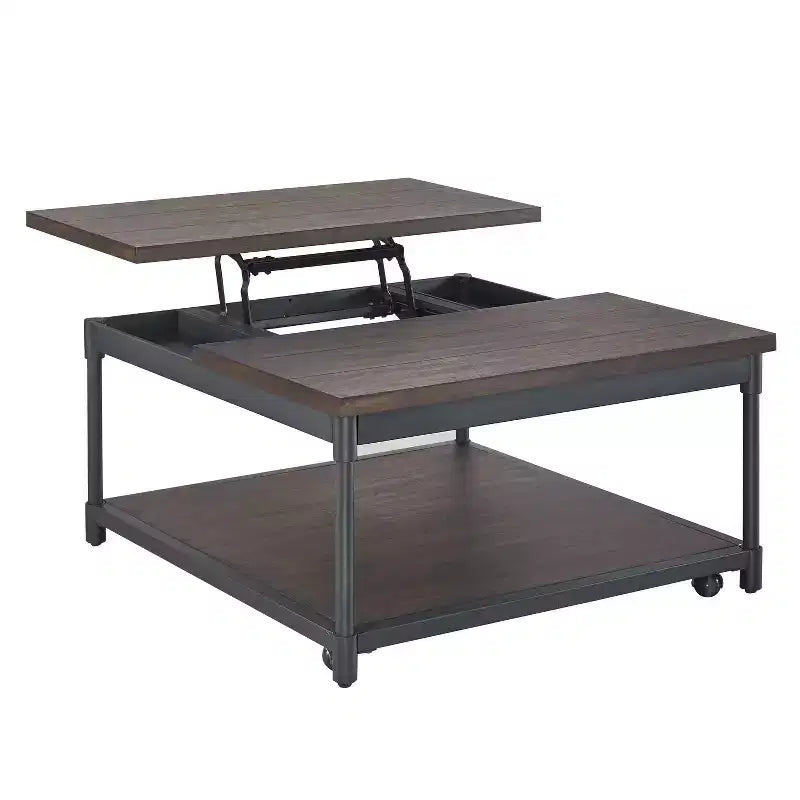 Tavolino da caffè marrone e nero quadrato con piano sollevabile, contenitore e rotelle, 91x91 cm
