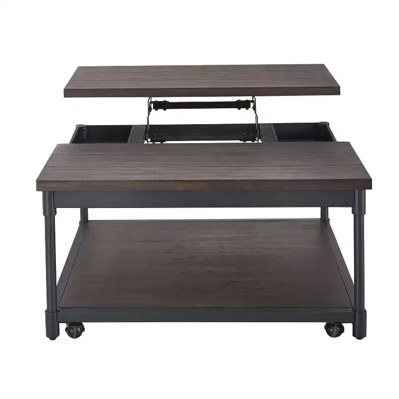 Tavolino da caffè marrone e nero quadrato con piano sollevabile, contenitore e rotelle, 91x91 cm