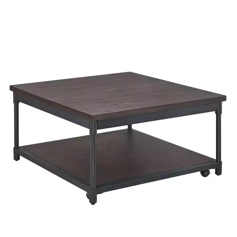 Tavolino da caffè marrone e nero quadrato con piano sollevabile, contenitore e rotelle, 91x91 cm