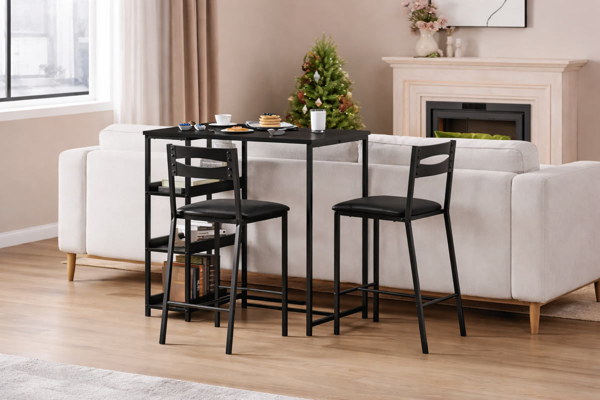 Set da pranzo a tre pezzi altezza bancone per 2 con ripiani, sedie imbottite – Nero/Marrone/Grigio
